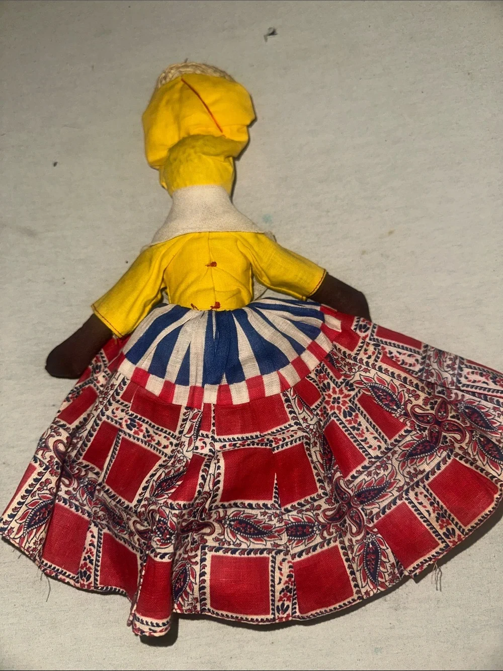 Vintage Collectible Handmade Yellow Headwrap & Red Patterned Doll